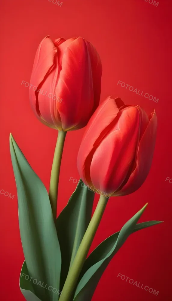Two Red Tulips Against A Red Background 98 8d15