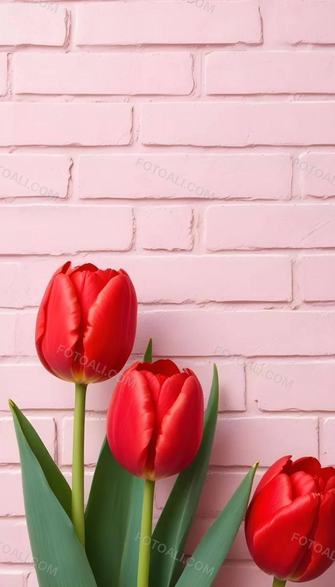 Two Red Tulips In Front Of A Pink Brick Wall 21 62a5