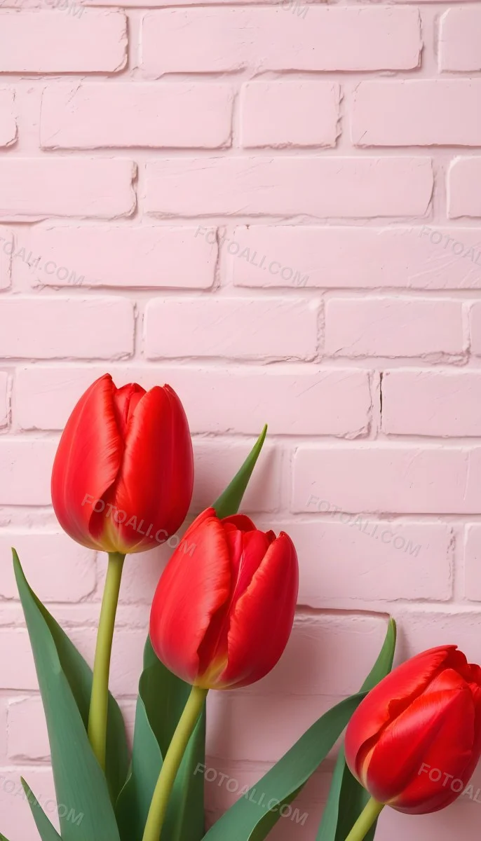 Two Red Tulips In Front Of A Pink Brick Wall 22 Ae96