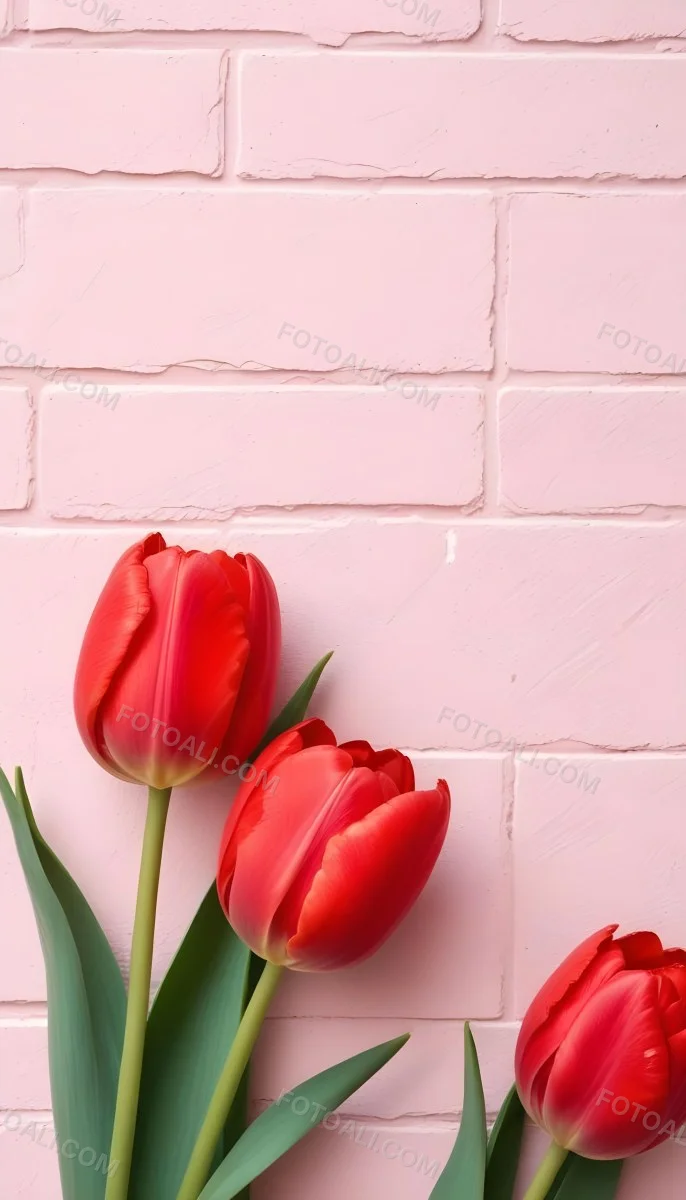 Two Red Tulips In Front Of A Pink Brick Wall 26 7bf1
