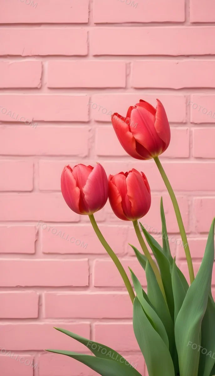 Two Red Tulips In Front Of A Pink Brick Wall 31 6225