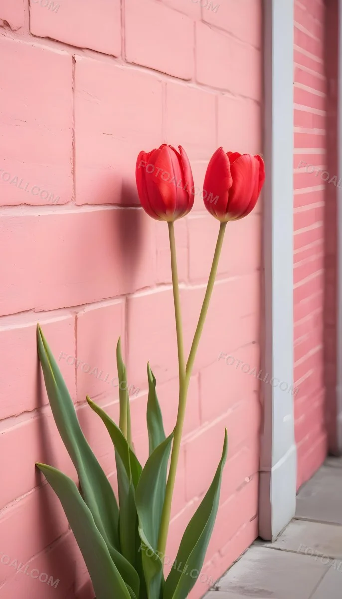 Two Red Tulips In Front Of A Pink Brick Wall 35 0d23