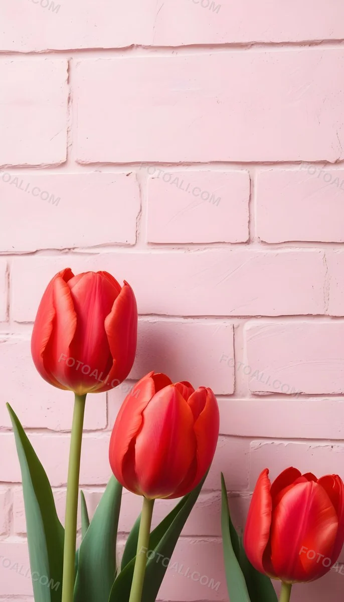 Two Red Tulips In Front Of A Pink Brick Wall 39 2cd2