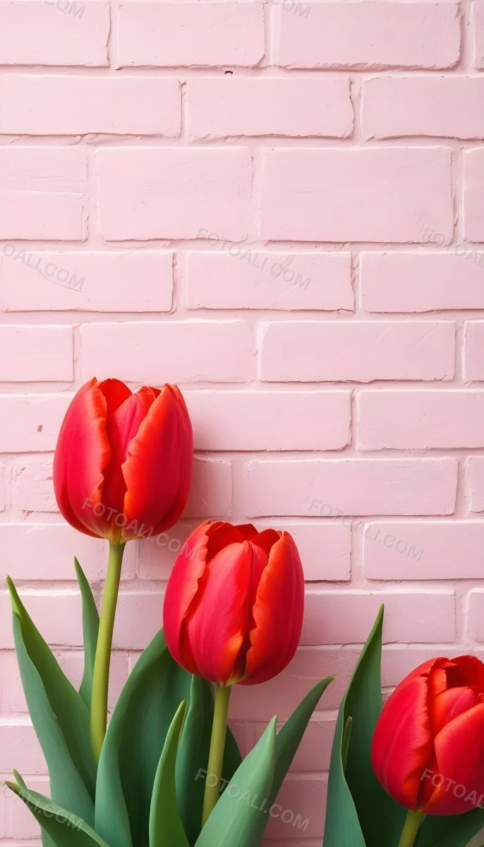 Two Red Tulips In Front Of A Pink Brick Wall 5 6fa5
