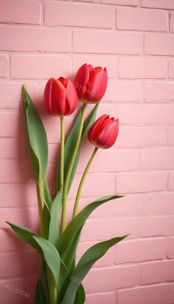 Two Red Tulips In Front Of A Pink Brick Wall 50 F7d2