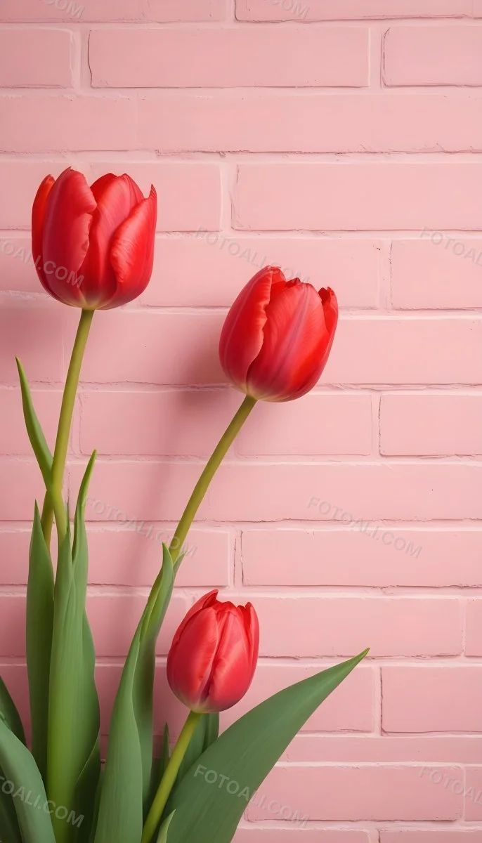 Two Red Tulips In Front Of A Pink Brick Wall 52 5b5d