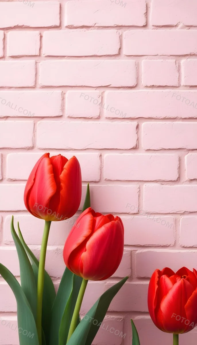 Two Red Tulips In Front Of A Pink Brick Wall 53 5f9e