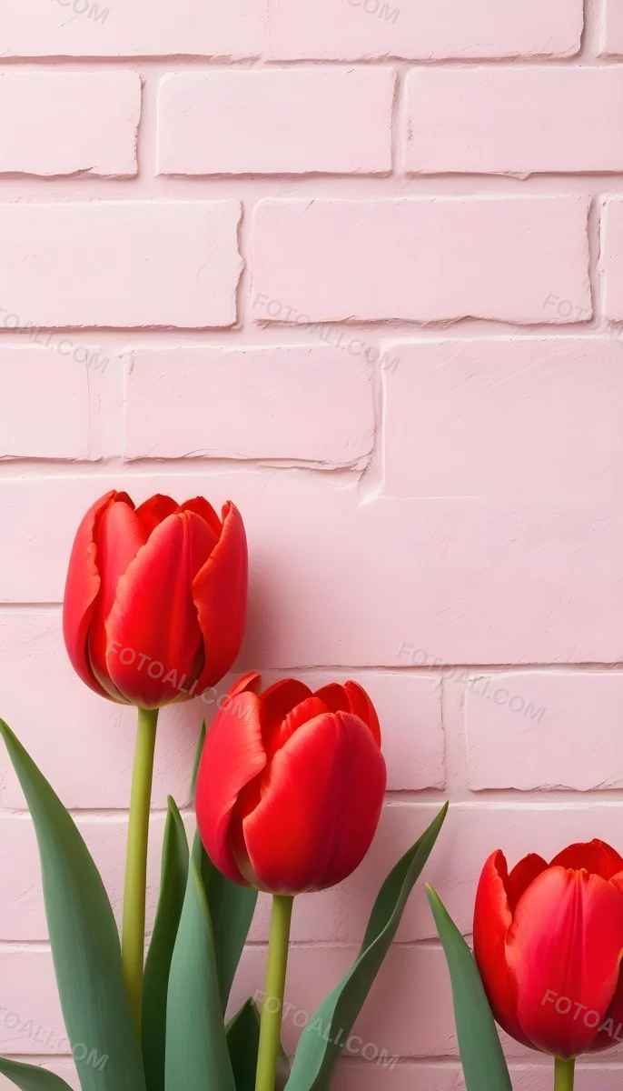 Two Red Tulips In Front Of A Pink Brick Wall 54 0468