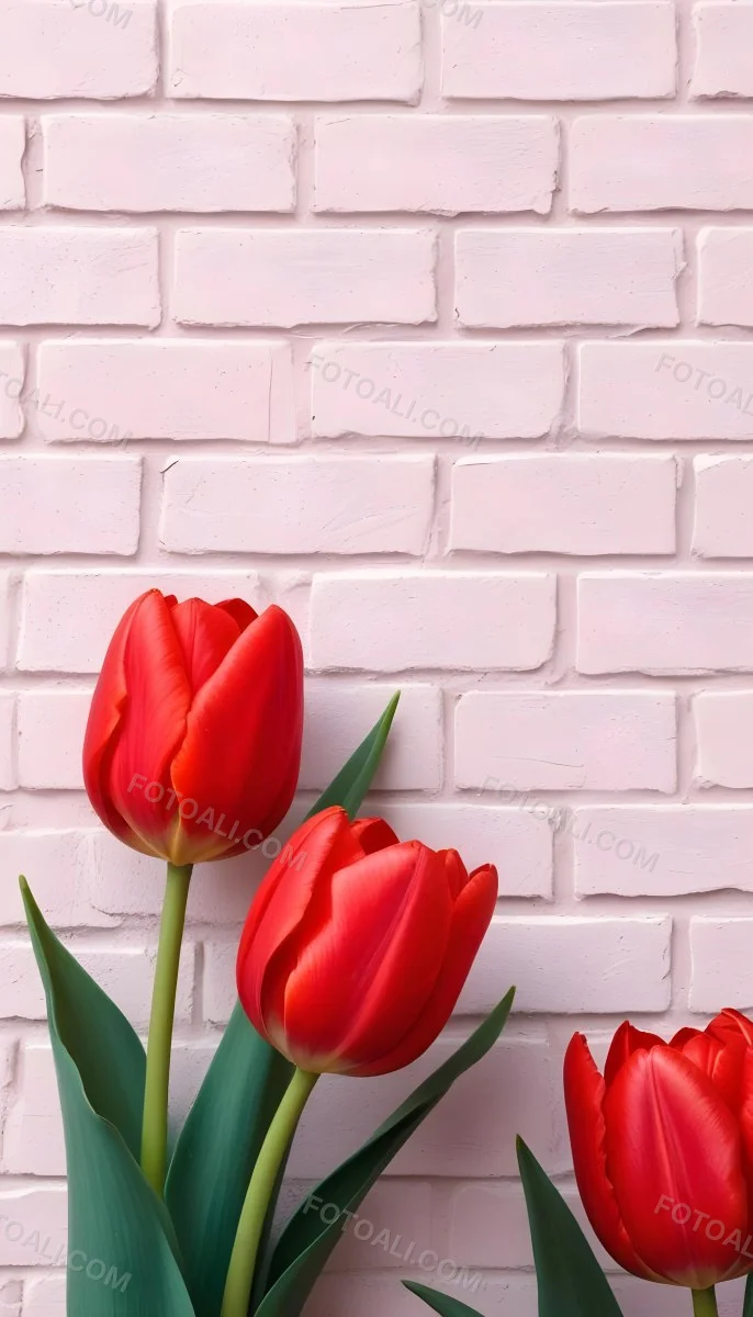 Two Red Tulips In Front Of A Pink Brick Wall 56 4f22