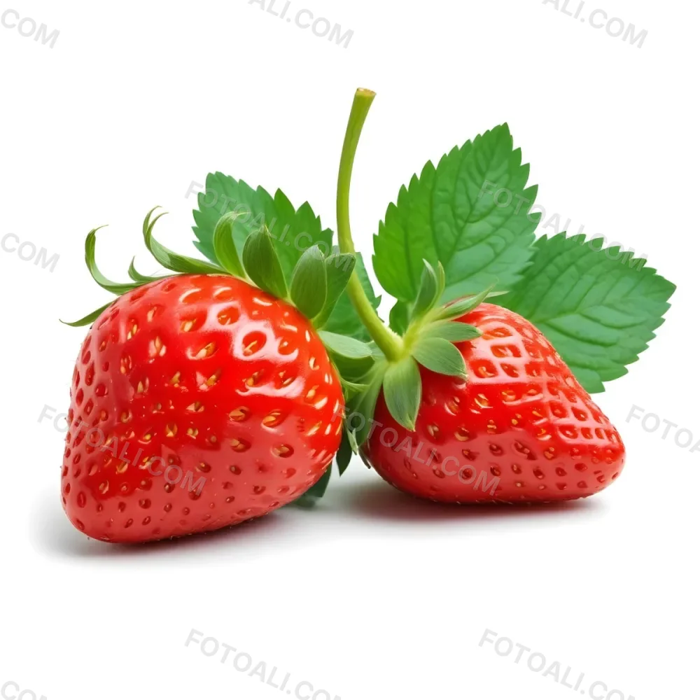 Two Ripe Red Strawberries With Green Leaves 50 13ef