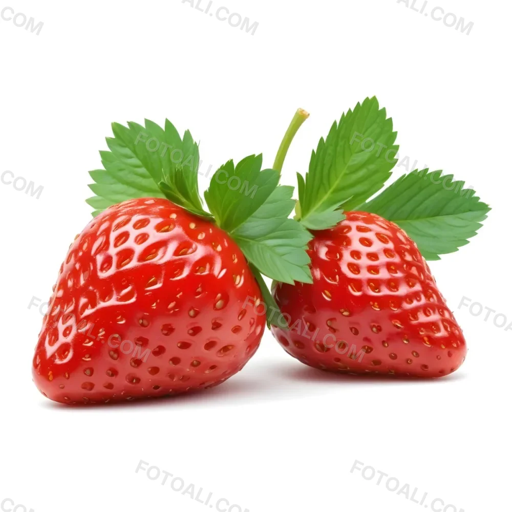 Two Ripe Red Strawberries With Green Leaves 69 5974