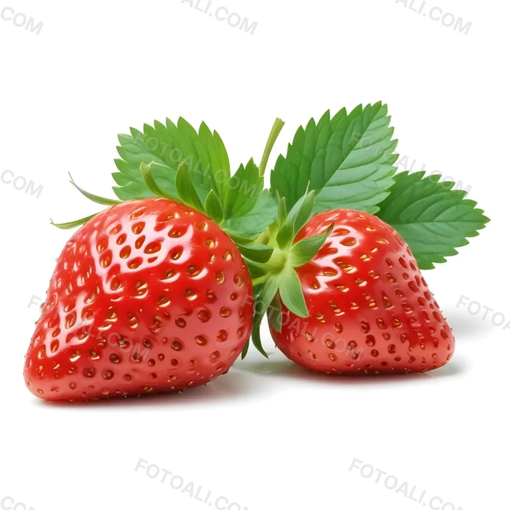 Two Ripe Red Strawberries With Green Leaves 75 E5bb