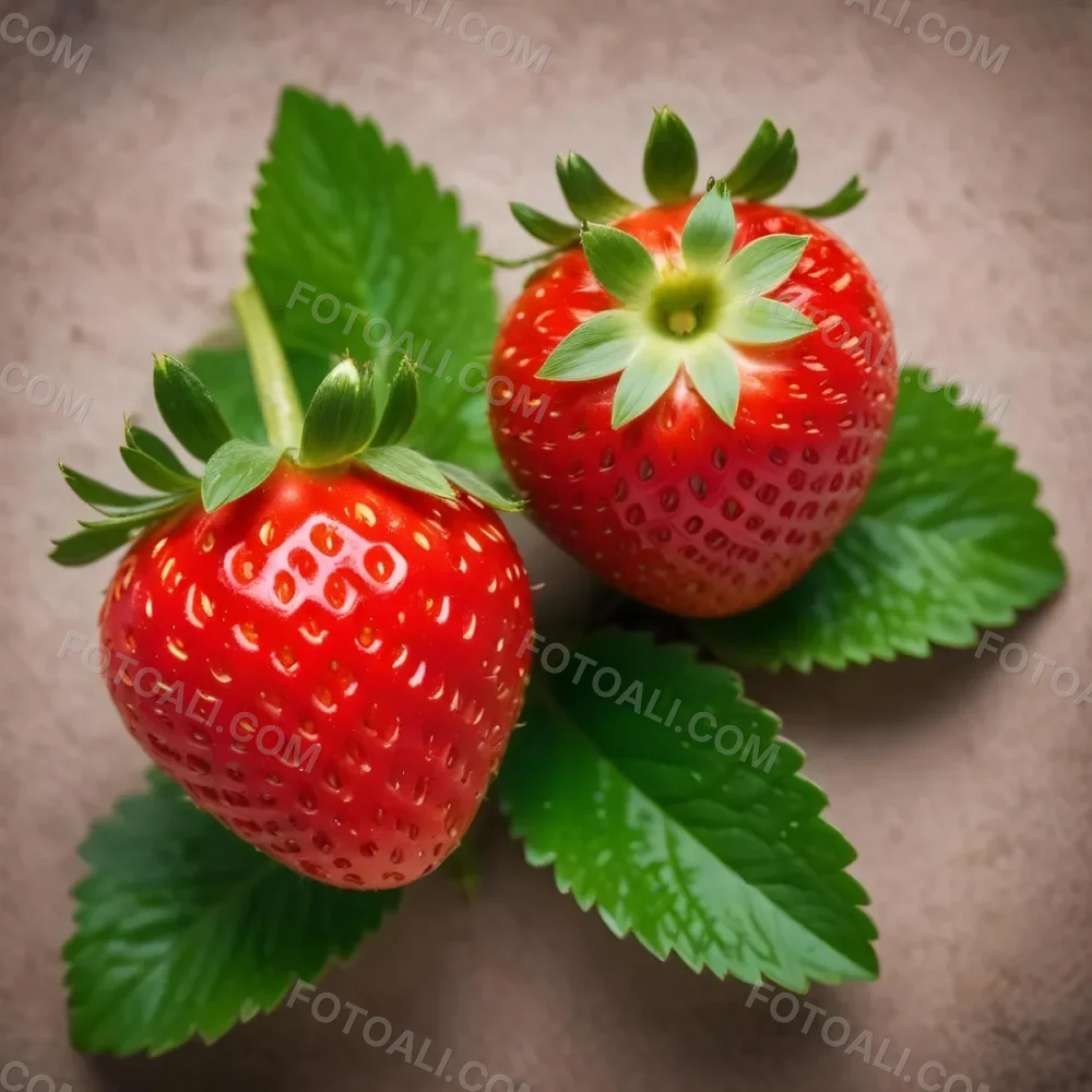 Two Ripe Red Strawberries With Green Leaves 81 585a