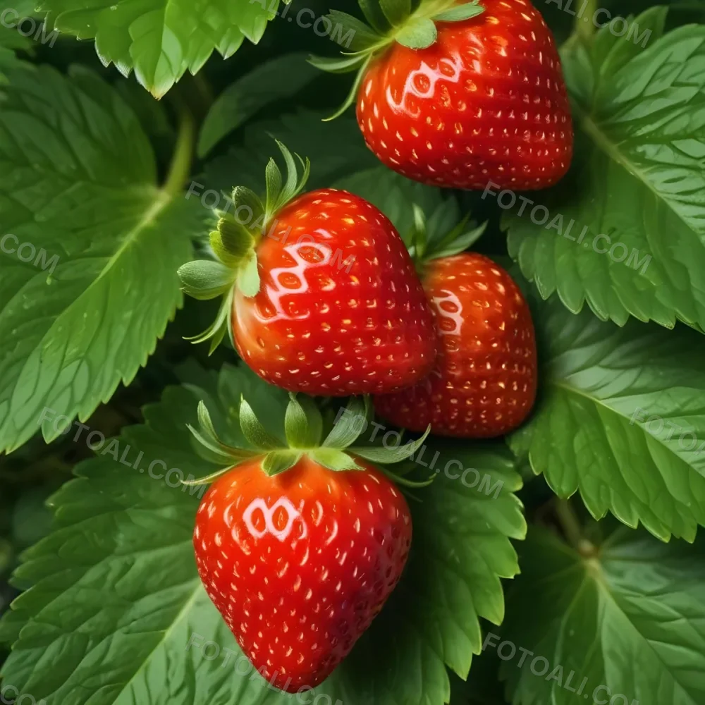Two Ripe Red Strawberries With Green Leaves 89 1e63