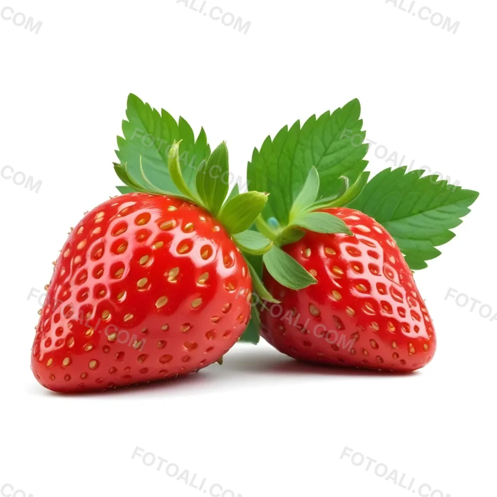Two Ripe Red Strawberries With Green Leaves 9 19b9