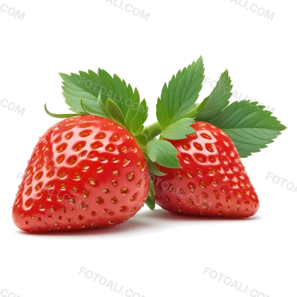 Two Ripe Red Strawberries With Green Leaves 90 1740
