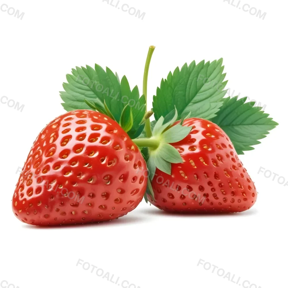 Two Ripe Red Strawberries With Green Leaves 91 E5fe