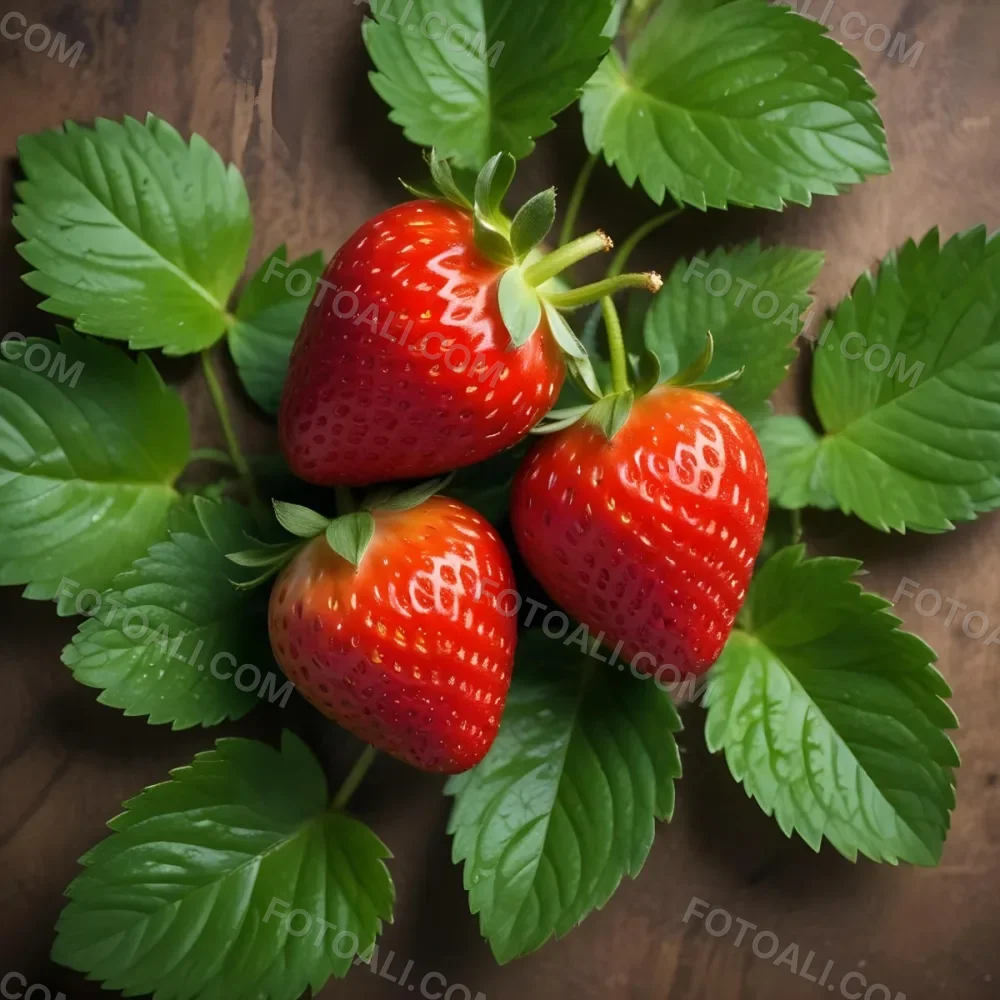 Two Ripe Red Strawberries With Green Leaves 93 191a