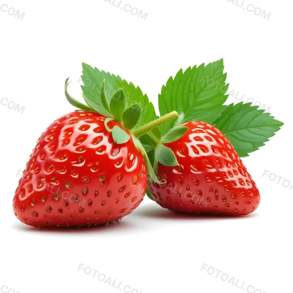 Two Ripe Red Strawberries With Green Leaves 95 0267