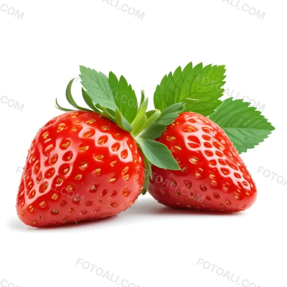 Two Ripe Red Strawberries With Green Leaves 97 85be
