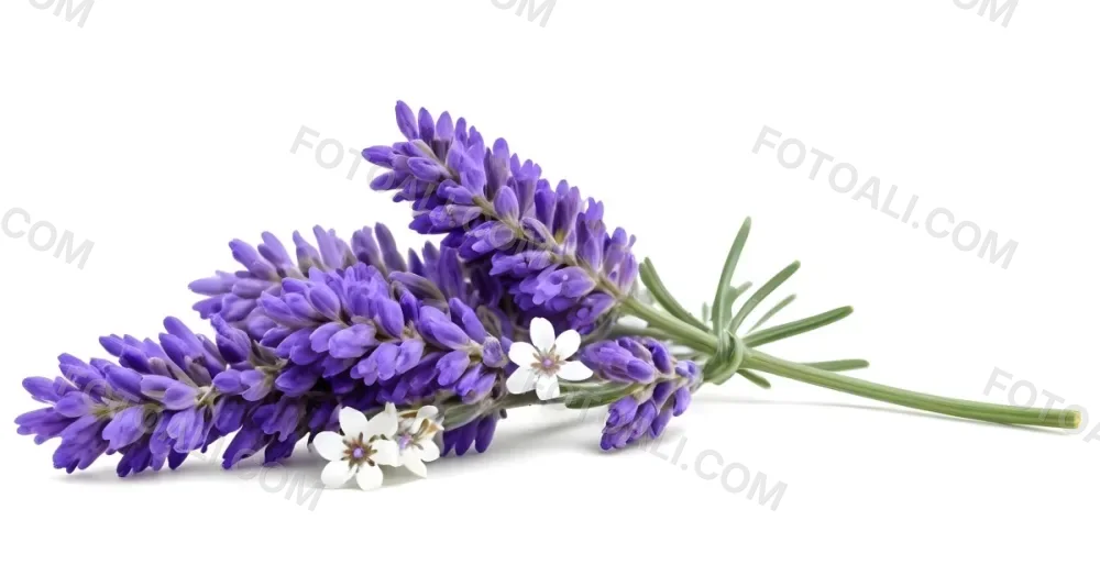 Two Sprigs Of Lavender With White Flowers And Purple Stems Isolated On A Green Background Close Up Shot Natural Light Botanical Photography 17 B427