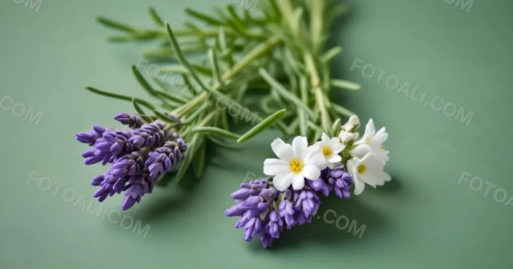 Two Sprigs Of Lavender With White Flowers And Purple Stems Isolated On A Green Background Close Up Shot Natural Light Botanical Photography 19 B7bc