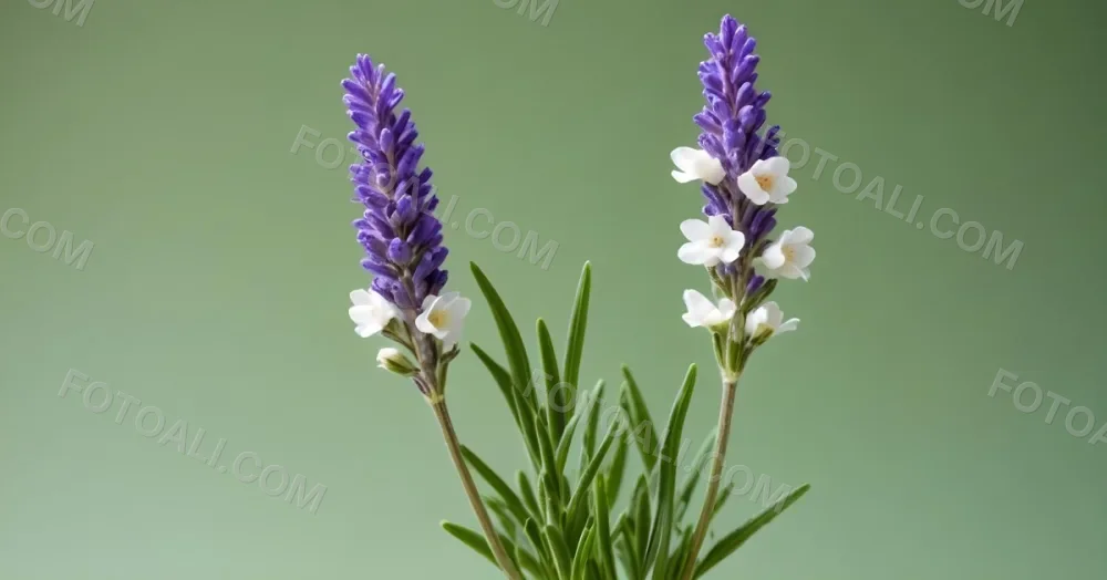 Two Sprigs Of Lavender With White Flowers And Purple Stems Isolated On A Green Background Close Up Shot Natural Light Botanical Photography 21 50cc