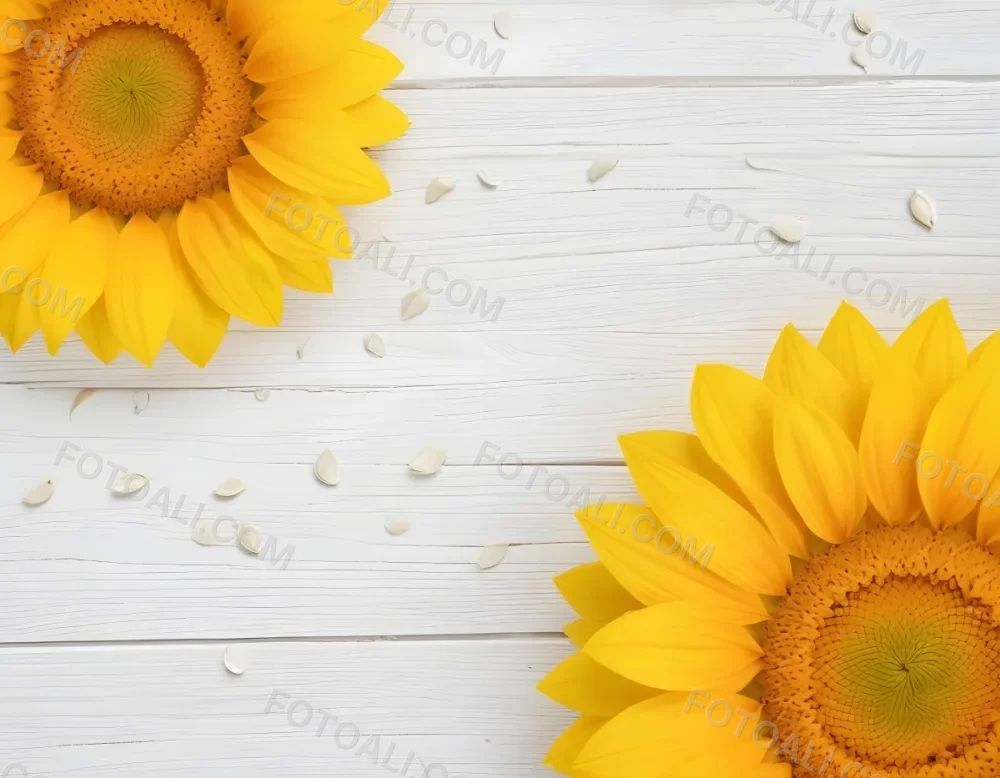 Two Sunflowers On The Corners Of The Image White Petals White Seeds White Wooden Background Bright Light High Angle View 15 D2f6