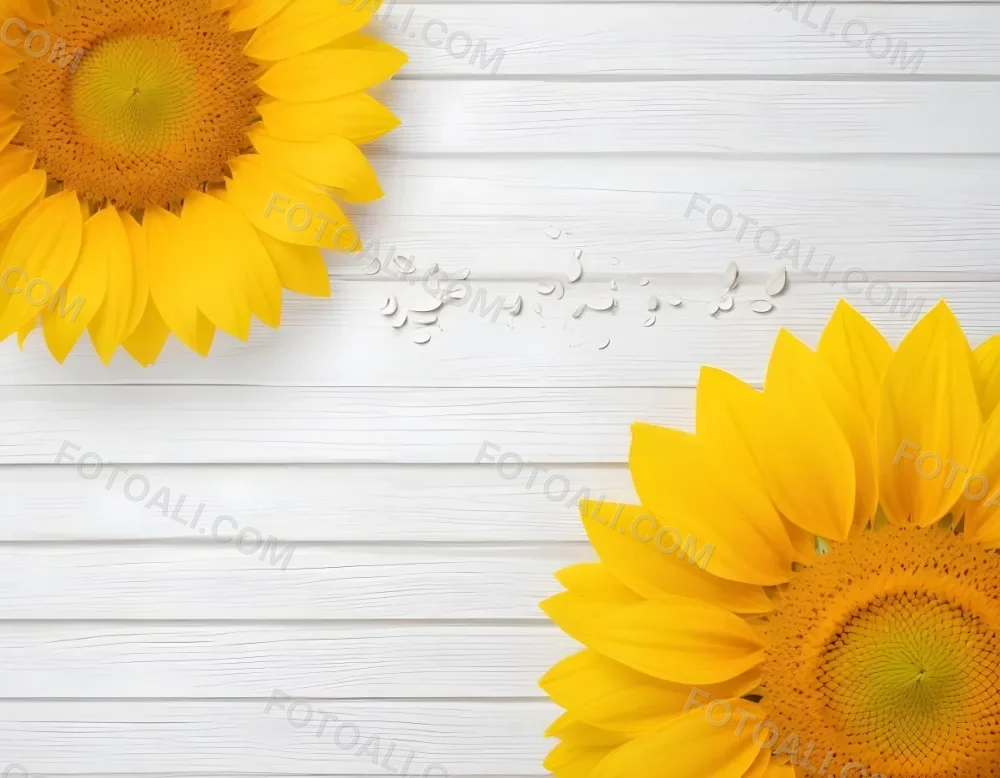 Two Sunflowers On The Corners Of The Image White Petals White Seeds White Wooden Background Bright Light High Angle View 17 D135