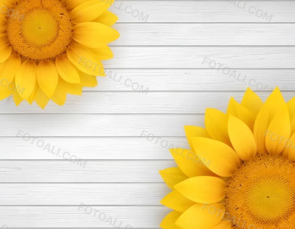 Two Sunflowers On The Corners Of The Image White Petals White Seeds White Wooden Background Bright Light High Angle View 20 Fe42