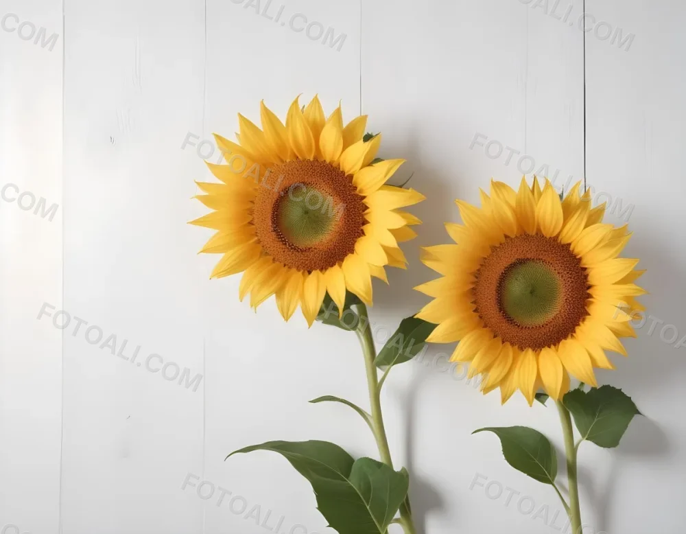 Two Sunflowers On The Corners Of The Image White Petals White Seeds White Wooden Background Bright Light High Angle View 3 E120