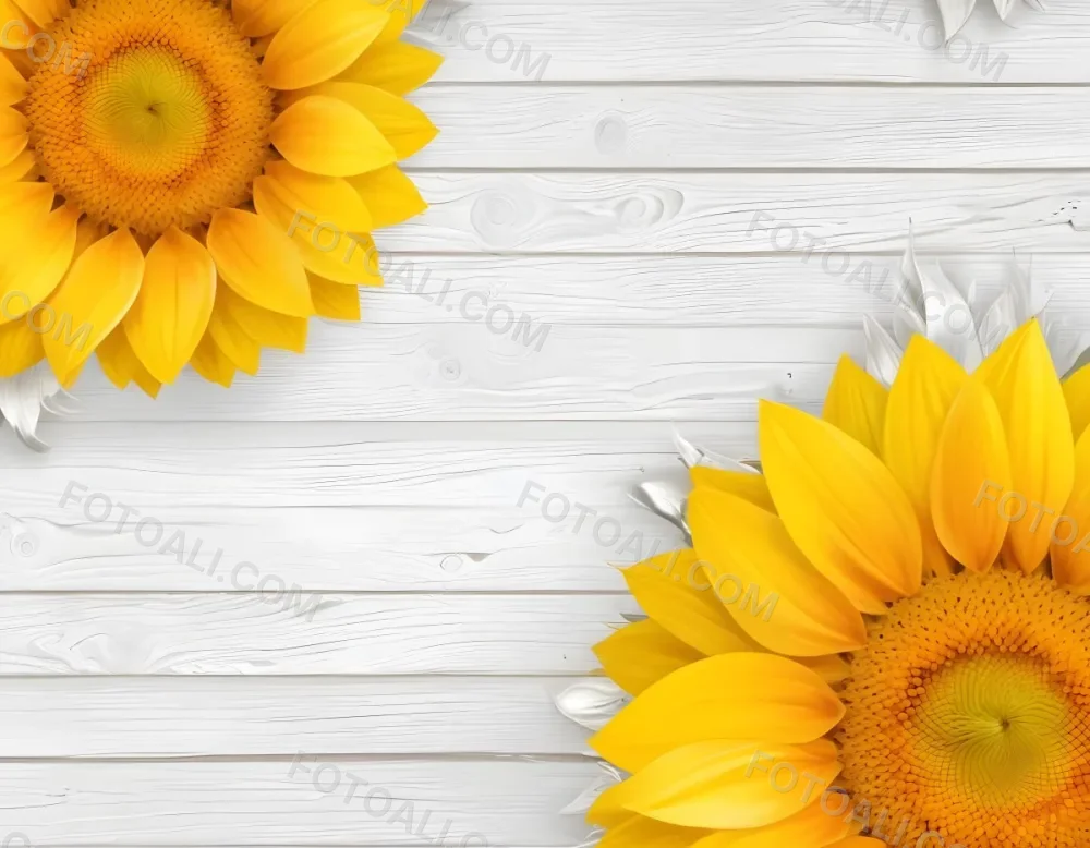 Two Sunflowers On The Corners Of The Image White Petals White Seeds White Wooden Background Bright Light High Angle View 33 8063