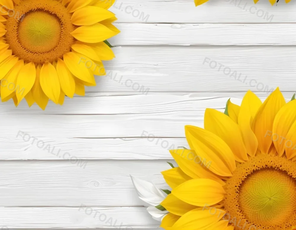 Two Sunflowers On The Corners Of The Image White Petals White Seeds White Wooden Background Bright Light High Angle View 38 Ea46