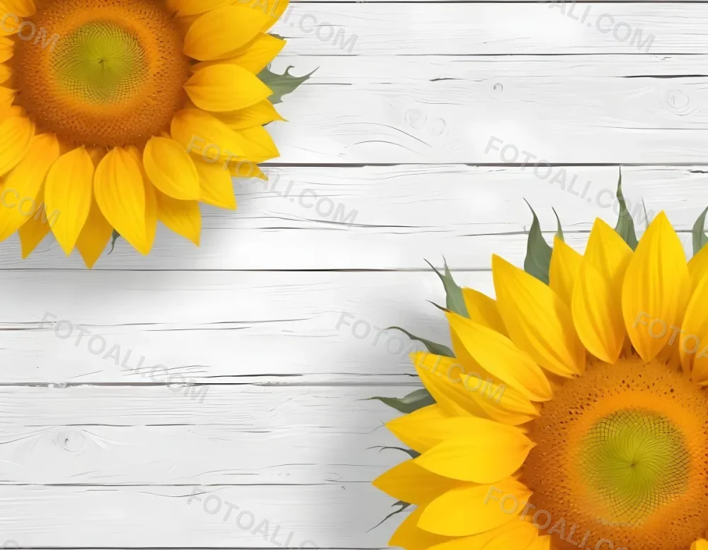 Two Sunflowers On The Corners Of The Image White Petals White Seeds White Wooden Background Bright Light High Angle View 41 1dd1