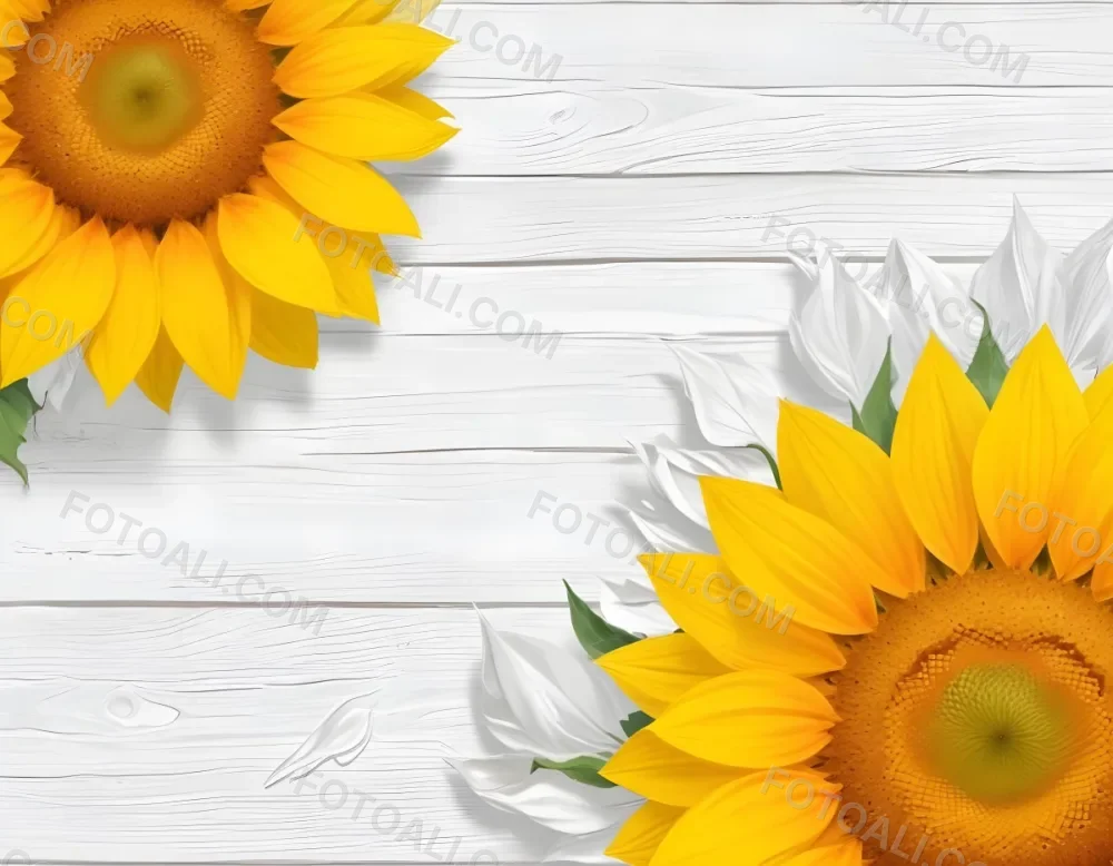 Two Sunflowers On The Corners Of The Image White Petals White Seeds White Wooden Background Bright Light High Angle View 50 Fe31