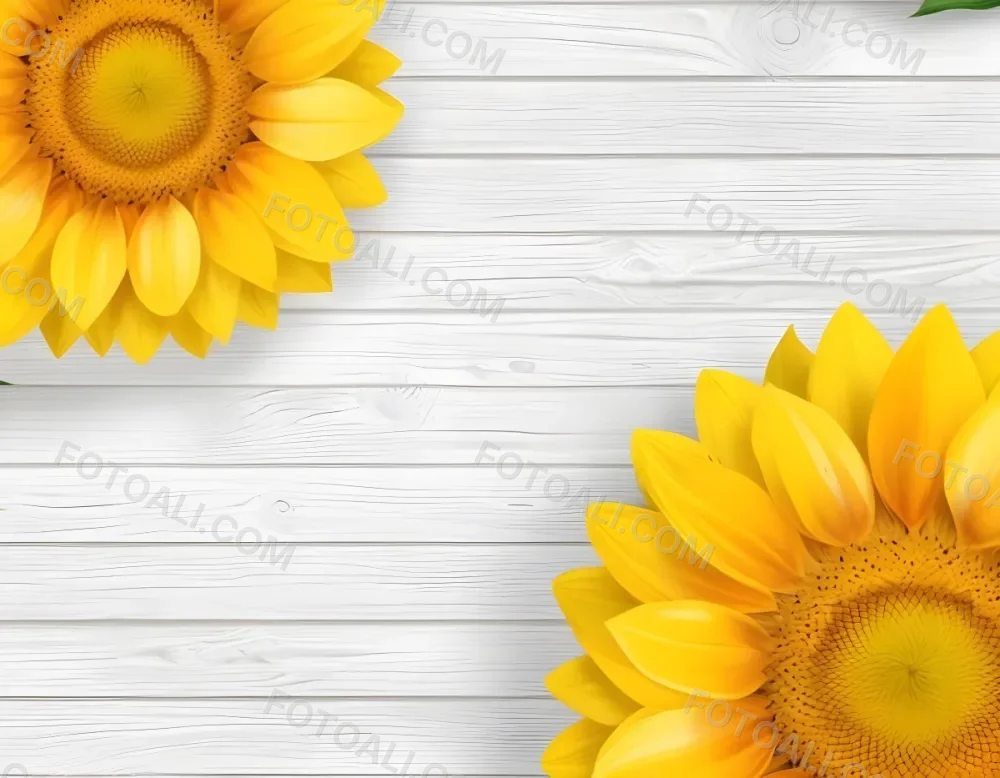 Two Sunflowers On The Corners Of The Image White Petals White Seeds White Wooden Background Bright Light High Angle View 56 5ef9