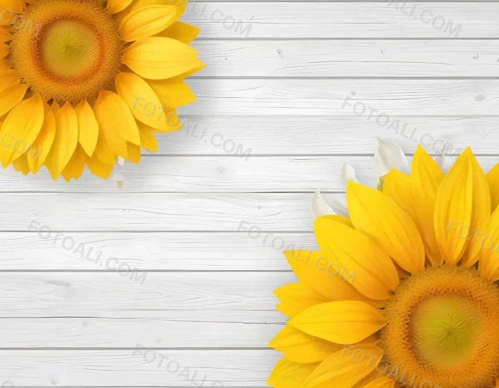 Two Sunflowers On The Corners Of The Image White Petals White Seeds White Wooden Background Bright Light High Angle View 57 5df8