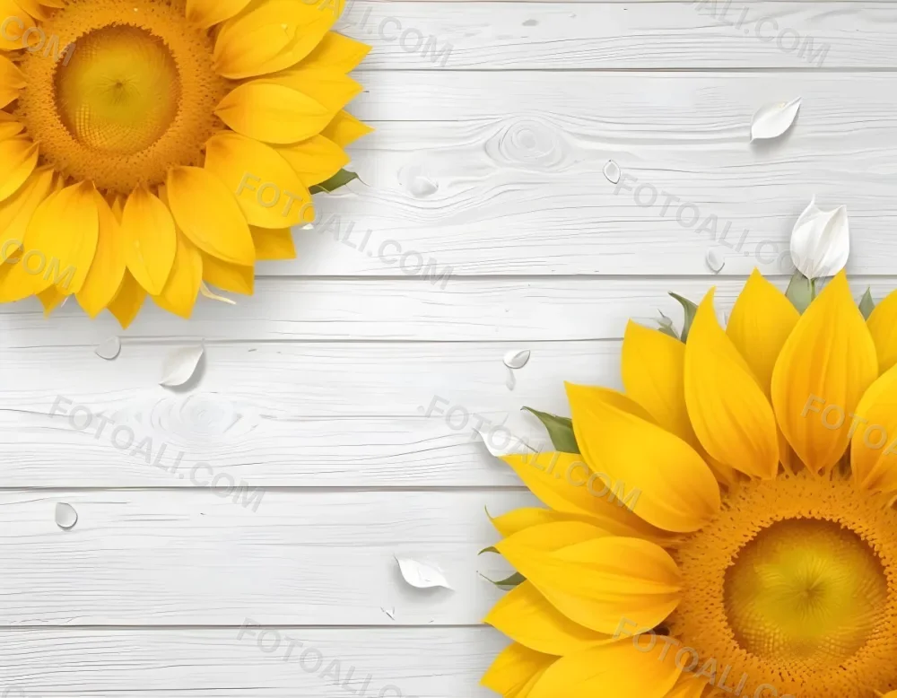 Two Sunflowers On The Corners Of The Image White Petals White Seeds White Wooden Background Bright Light High Angle View 58 07ea
