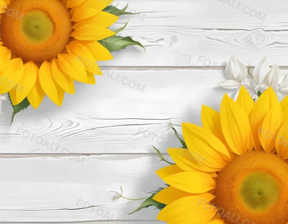 Two Sunflowers On The Corners Of The Image White Petals White Seeds White Wooden Background Bright Light High Angle View 59 Ef26