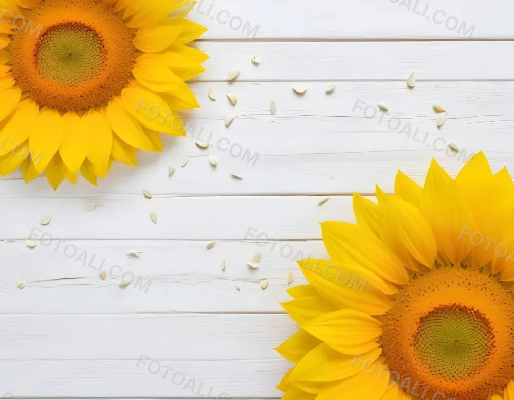 Two Sunflowers On The Corners Of The Image White Petals White Seeds White Wooden Background Bright Light High Angle View 6 48b0