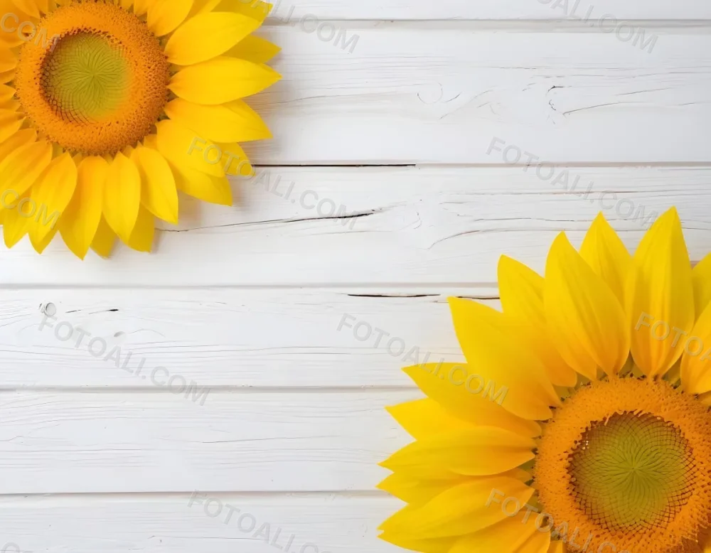 Two Sunflowers On The Corners Of The Image White Petals White Seeds White Wooden Background Bright Light High Angle View 7 5ea3