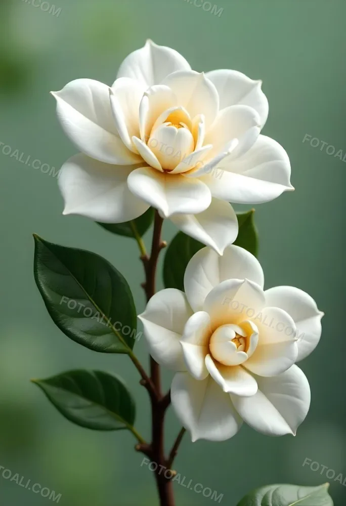 Two White Camellia Flowers With White Centers Yellow Leaves And A Stem Soft Lighting Shallow Depth Of Field Against A Blurred Green Background 11 718c