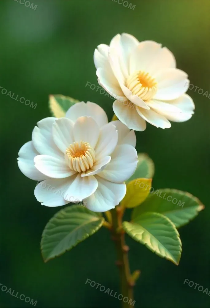 Two White Camellia Flowers With White Centers Yellow Leaves And A Stem Soft Lighting Shallow Depth Of Field Against A Blurred Green Background 2 E41a