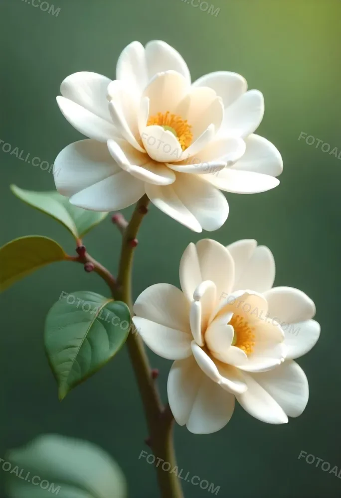 Two White Camellia Flowers With White Centers Yellow Leaves And A Stem Soft Lighting Shallow Depth Of Field Against A Blurred Green Background 29 7372