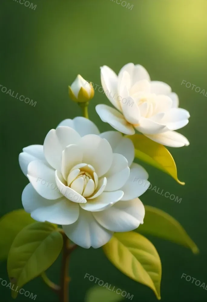 Two White Camellia Flowers With White Centers Yellow Leaves And A Stem Soft Lighting Shallow Depth Of Field Against A Blurred Green Background 38 C831