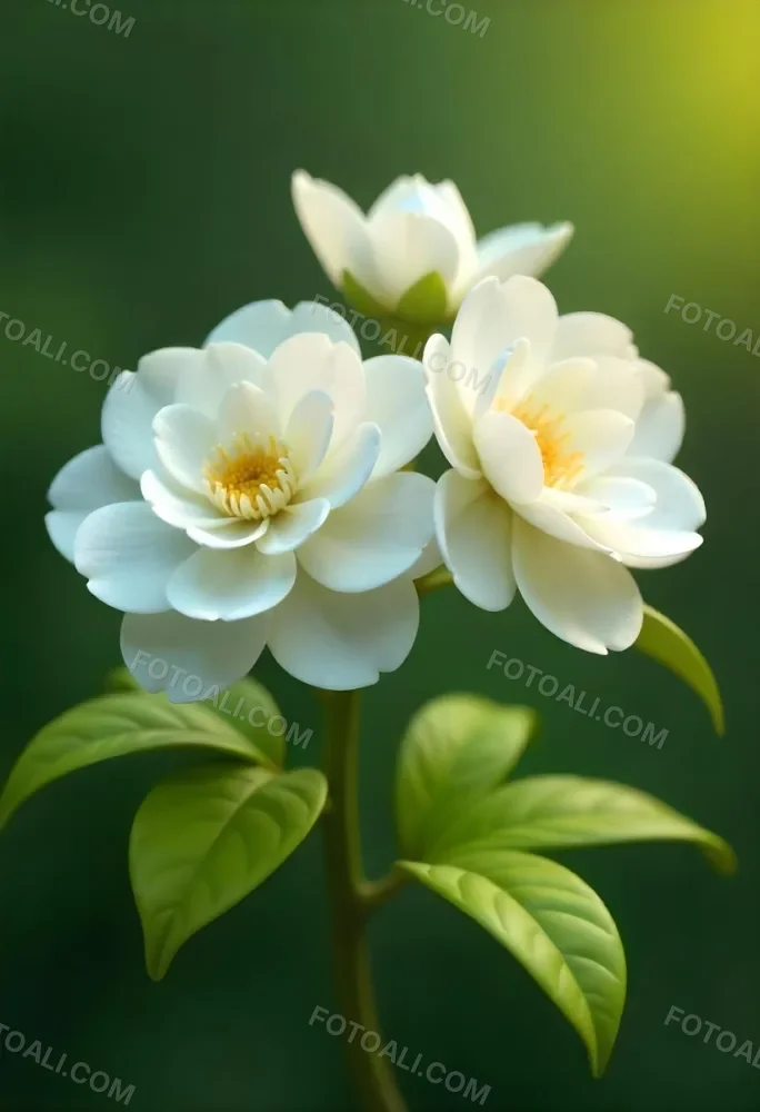 Two White Camellia Flowers With White Centers Yellow Leaves And A Stem Soft Lighting Shallow Depth Of Field Against A Blurred Green Background 43 Eb23