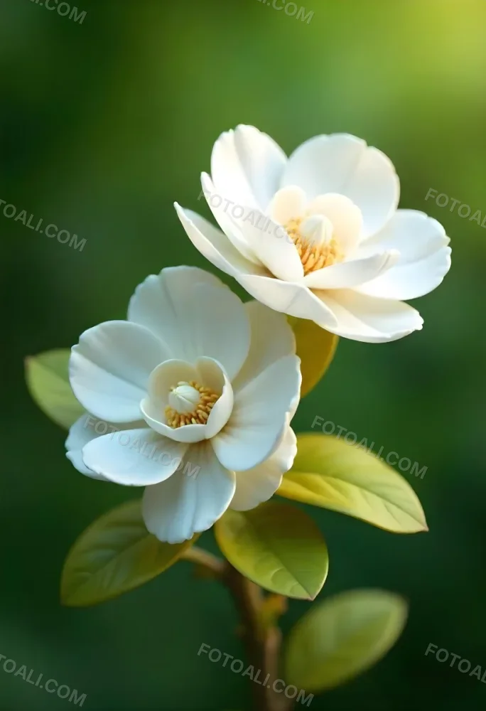 Two White Camellia Flowers With White Centers Yellow Leaves And A Stem Soft Lighting Shallow Depth Of Field Against A Blurred Green Background 54 3d42