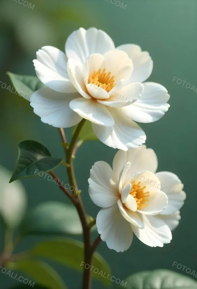 Two White Camellia Flowers With White Centers Yellow Leaves And A Stem Soft Lighting Shallow Depth Of Field Against A Blurred Green Background 56 45d2
