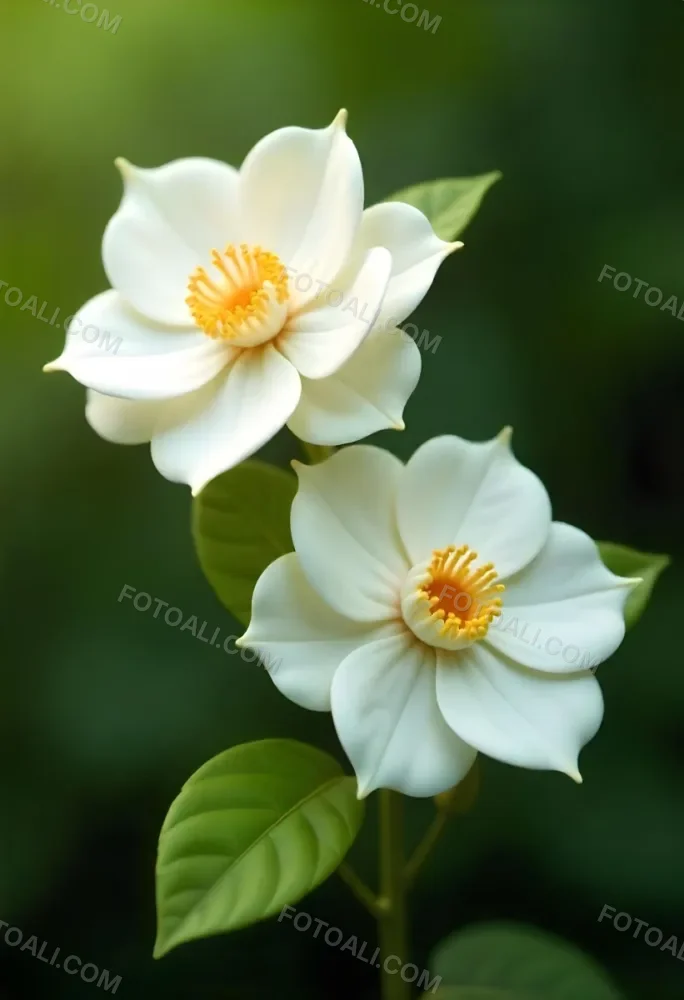 Two White Camellia Flowers With White Centers Yellow Leaves And A Stem Soft Lighting Shallow Depth Of Field Against A Blurred Green Background 7 Ae87