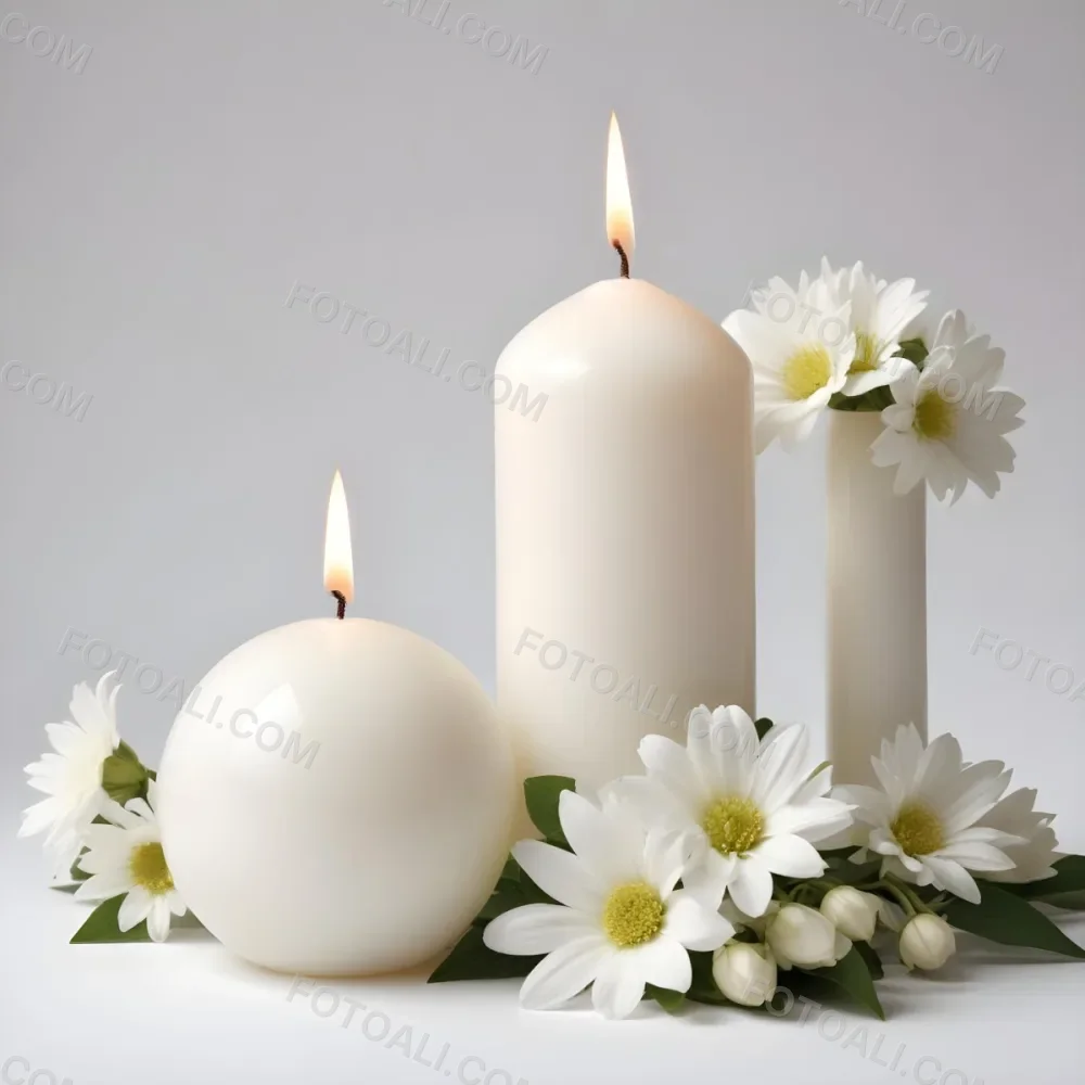 Two White Candles With White Flowers In A White Background One Candle Is Spherical And The Other Is Cylindrical 13 6b7d